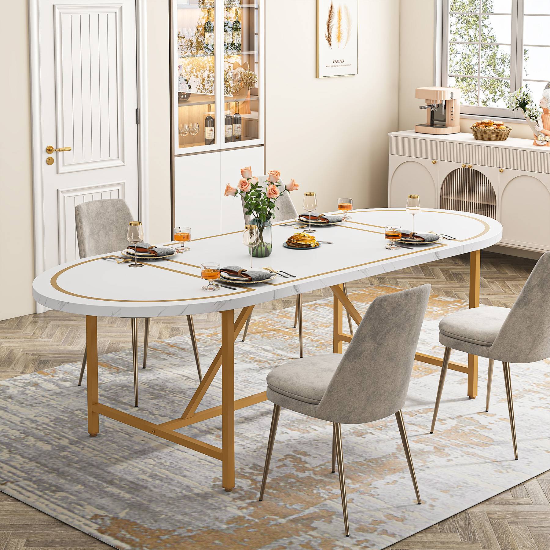 Oval Dining Table, 70.8 Inch Modern Kitchen Table for 6 People