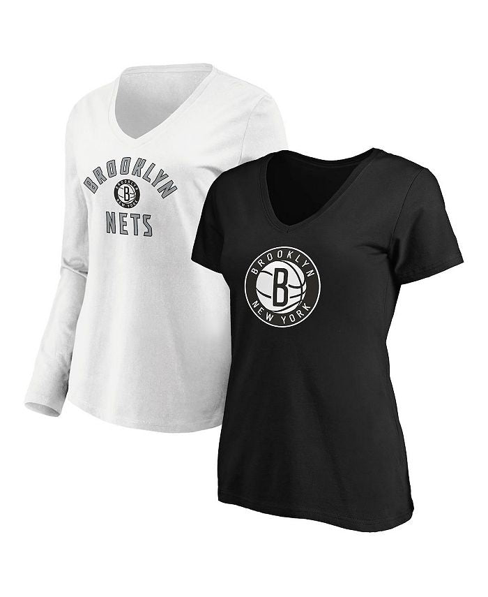 Women's Black, White Brooklyn Nets V-Neck T-shirt Combo Pack