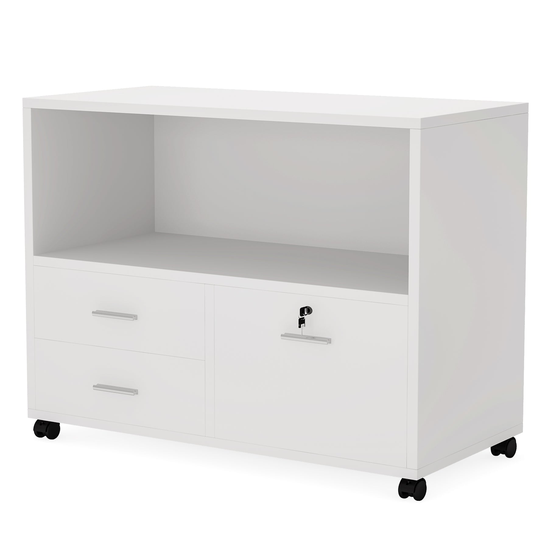 3-Drawer File Cabinet, Mobile Lateral Filing Cabinet with Lock & Open Shelves