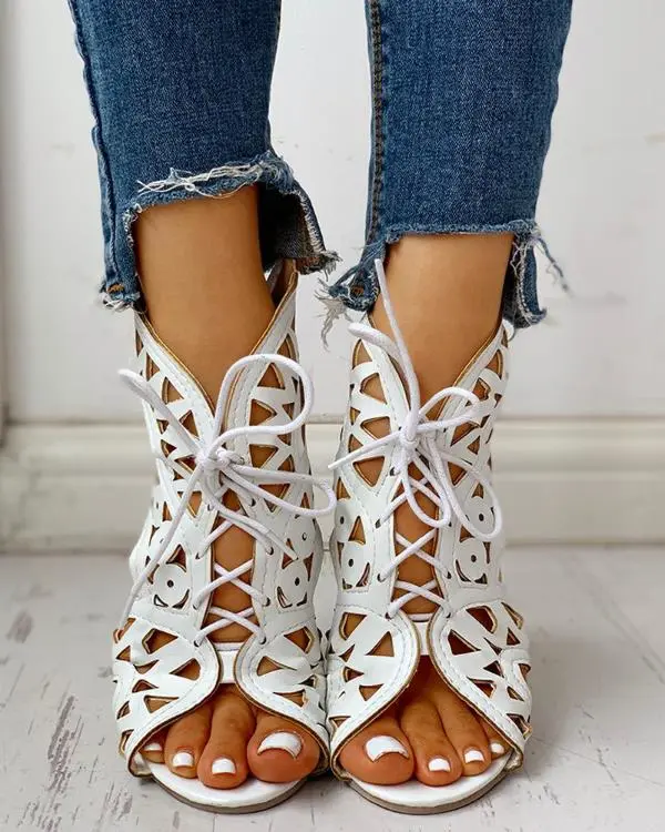 Hollow Out Lace-up PU Wedge Sandals