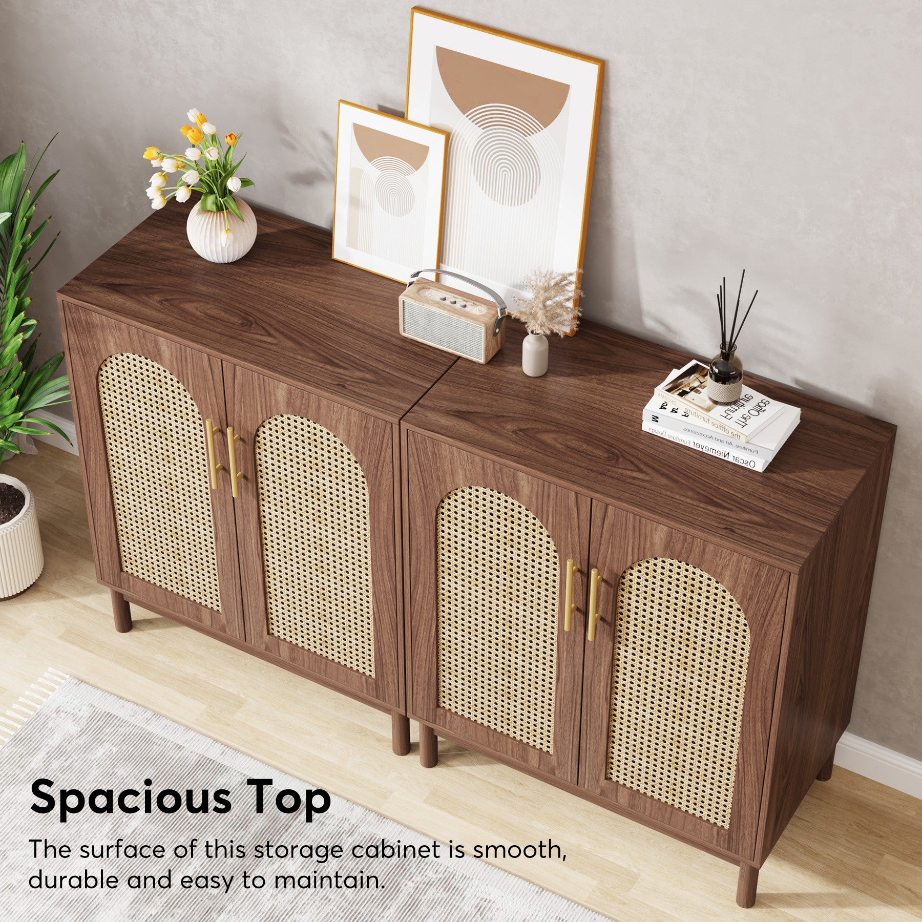 Sideboard Buffet Set of 2, Accent Rattan Storage Cabinet with Doors