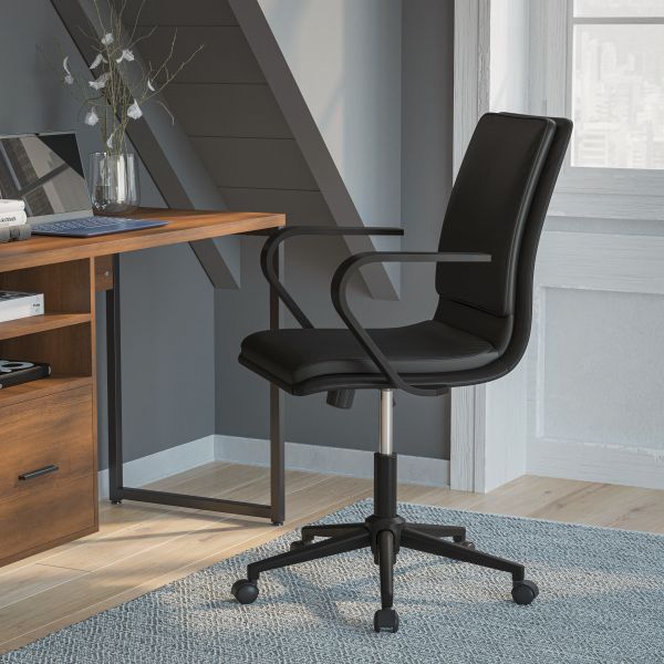 James Mid-Back Designer Executive LeatherSoft Office Chair with Black Base and Arms， Black