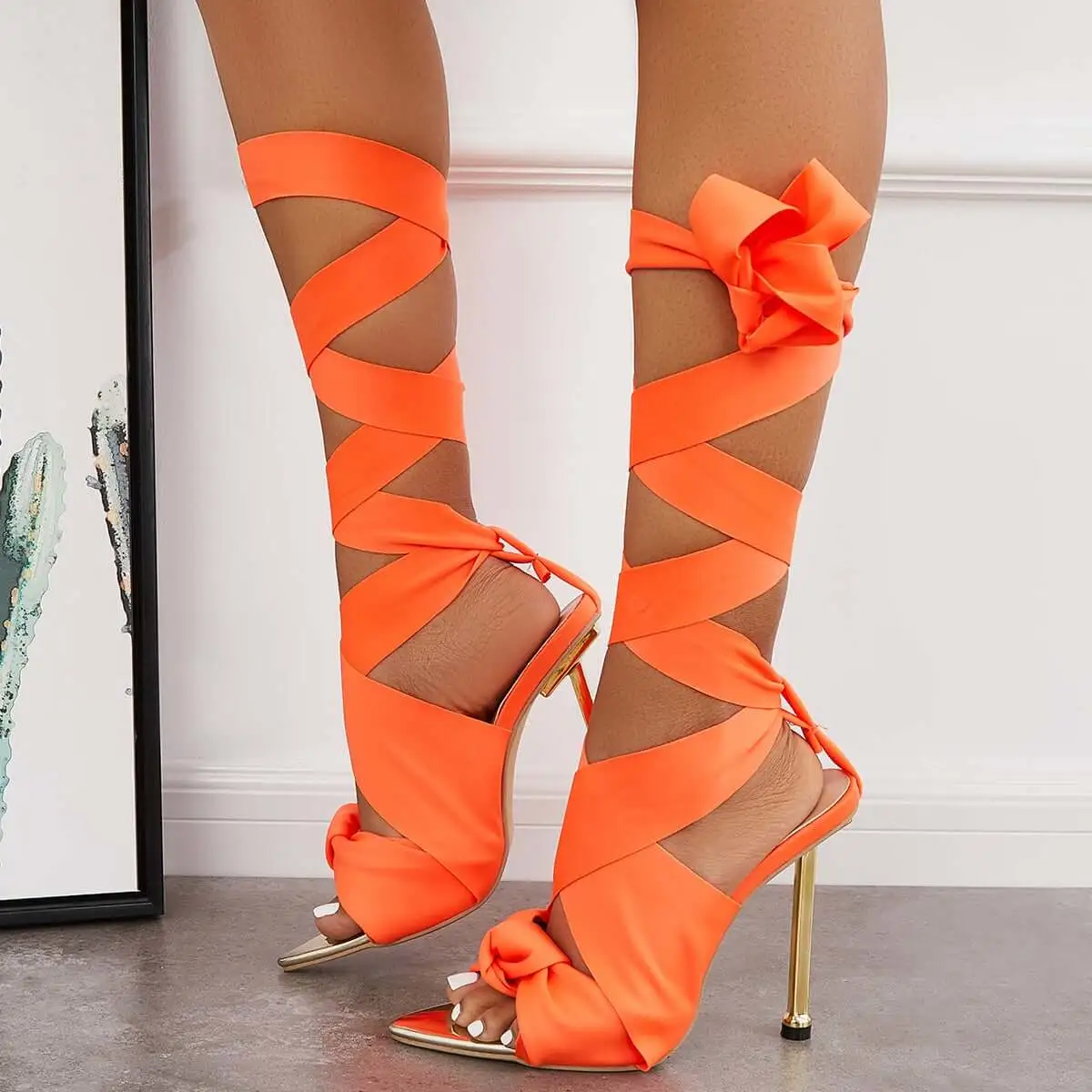 Ribbon Lace Up Ankle Strap Stiletto Sandals Dress High Heels