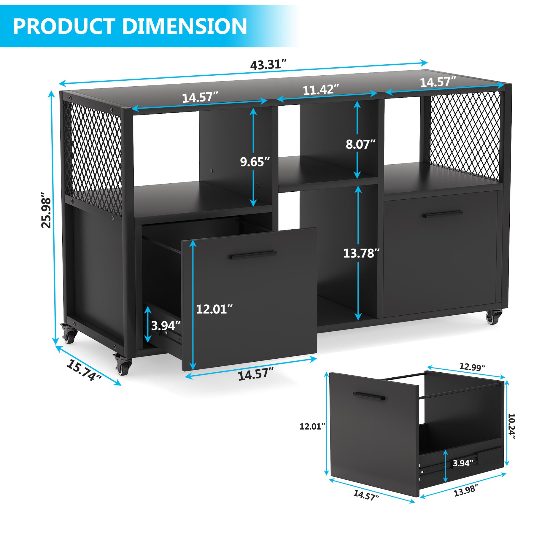 2 Drawer File Cabinet, Wood Mobile Lateral Filing Cabinet