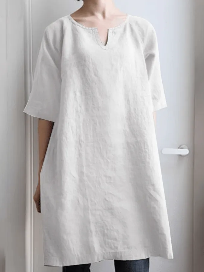 Women's Cotton Linen V-Neck Loose Short Sleeve Dress