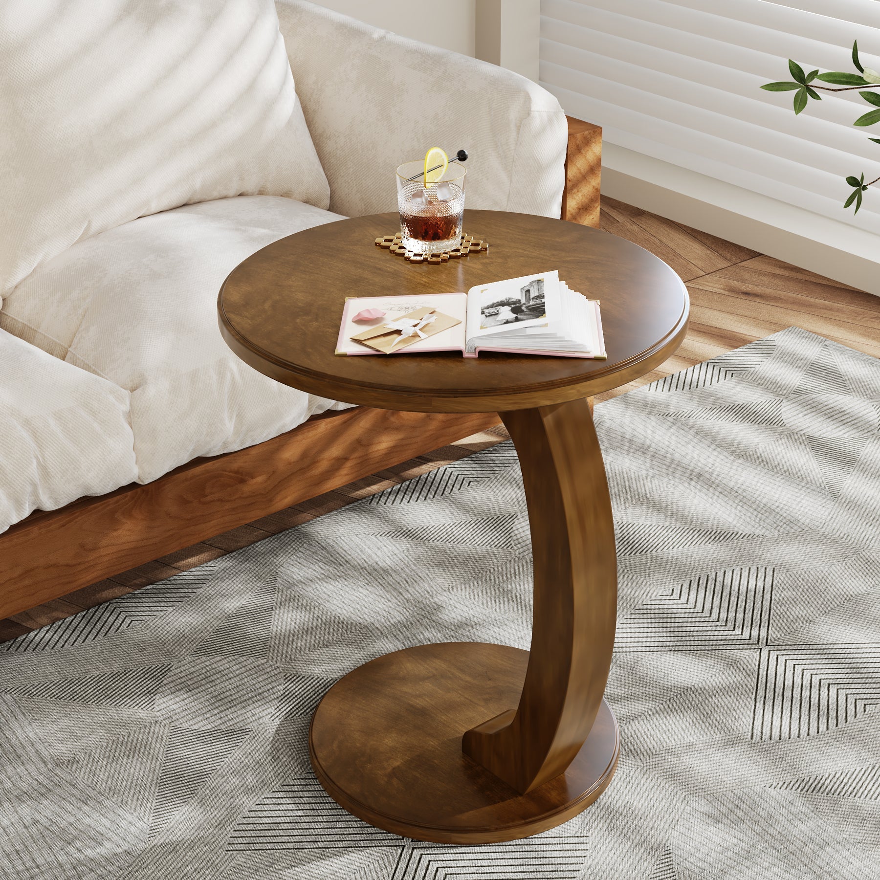 C-Shaped End Table, Round Solid Wood Side Table for Living Room