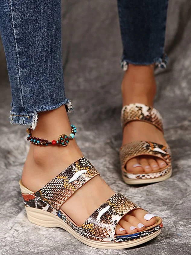 Contrast Snake Print Strap Wedge Sandal Slippers