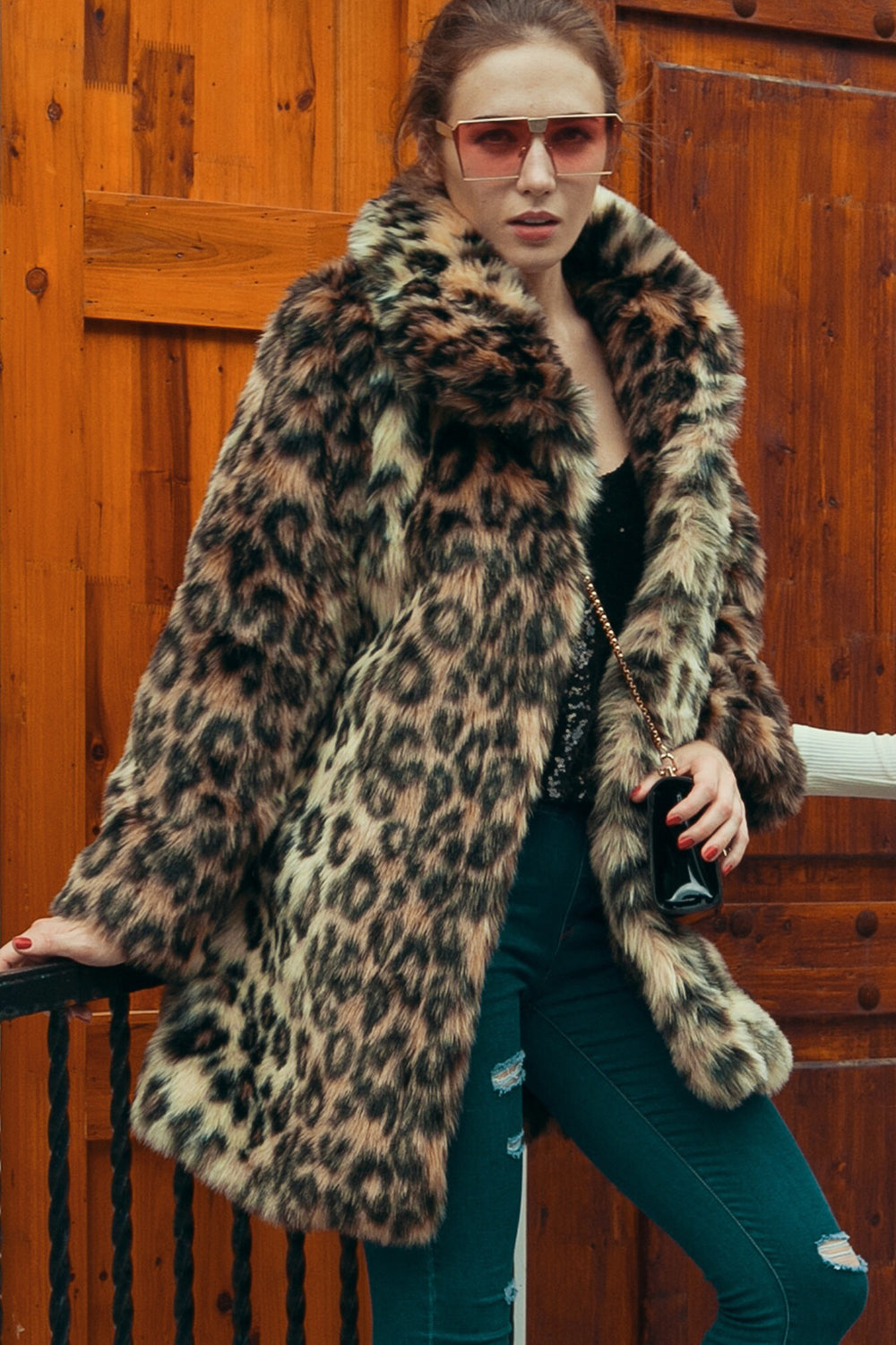 Brown Leopard Lapel Neck Midi Faux Fur Shearling Coat