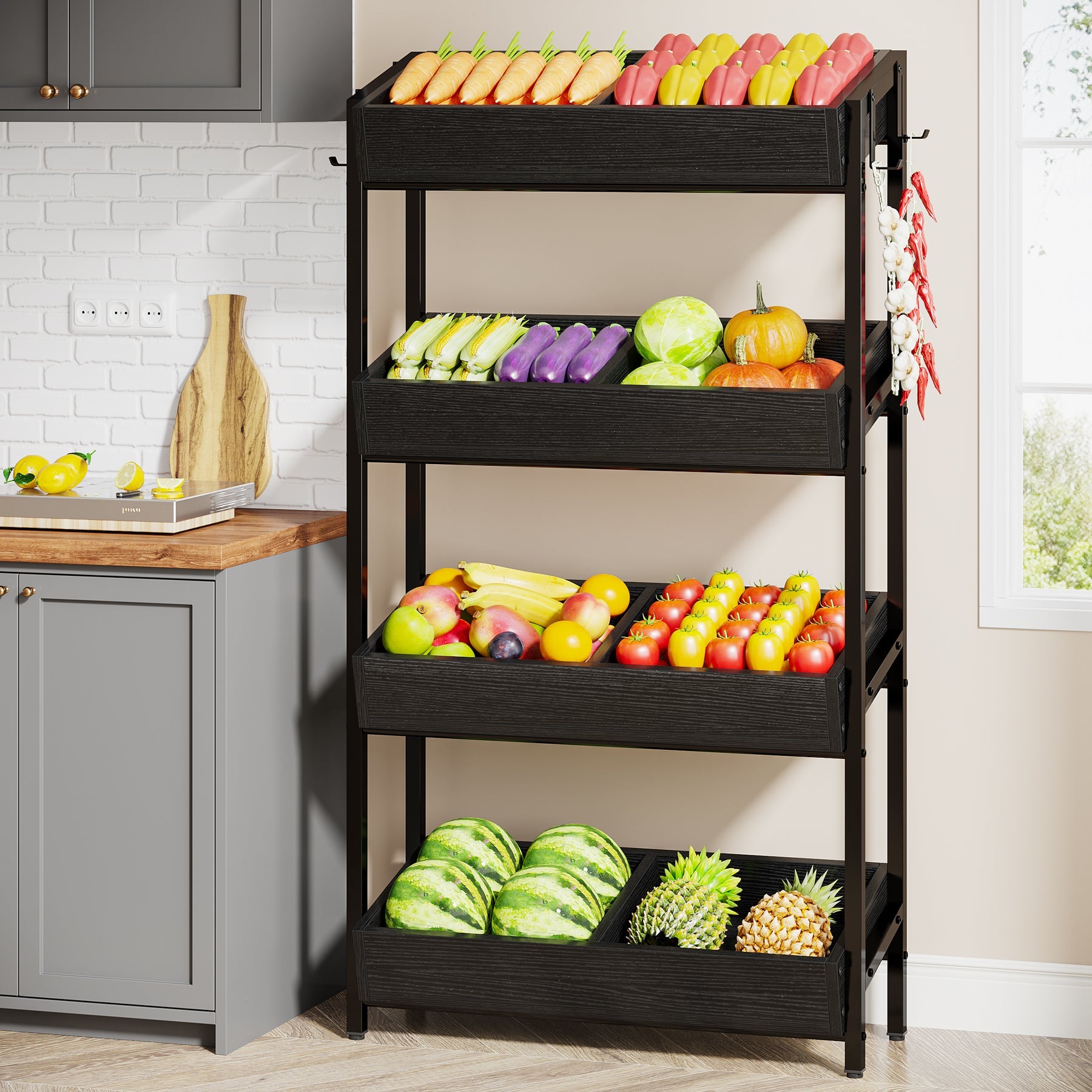 Wood Fruit Vegetable Storage Rack Stand, 4-Tier Storage Organizer