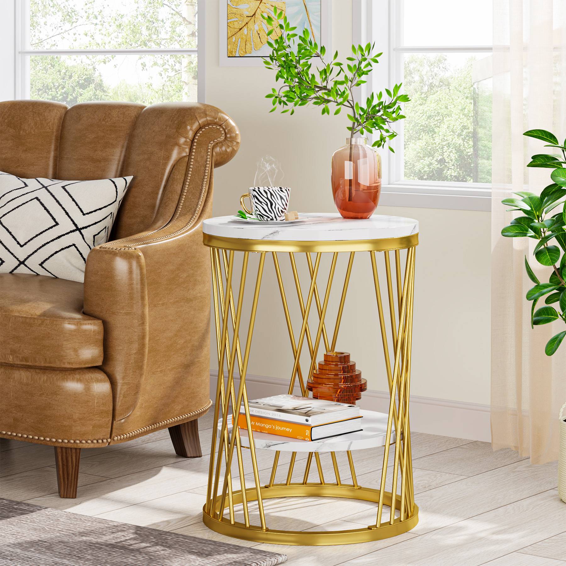 2-Tier End Table, Round Bedside Table with Faux Marble Shelves