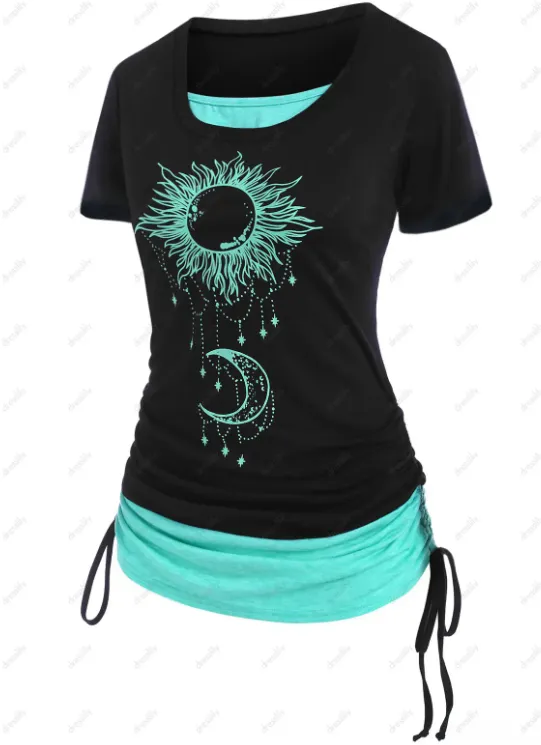 Contrast Colorblock Celestial Sun Moon Print Cinched T Shirt and Plain Color Lace Up Elastic Waist Capri Leggings Casual Summer Outfit