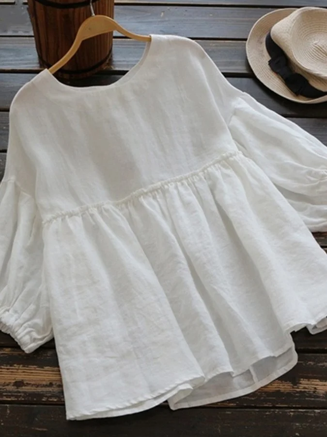 Women's cotton and linen five-quarter sleeve top
