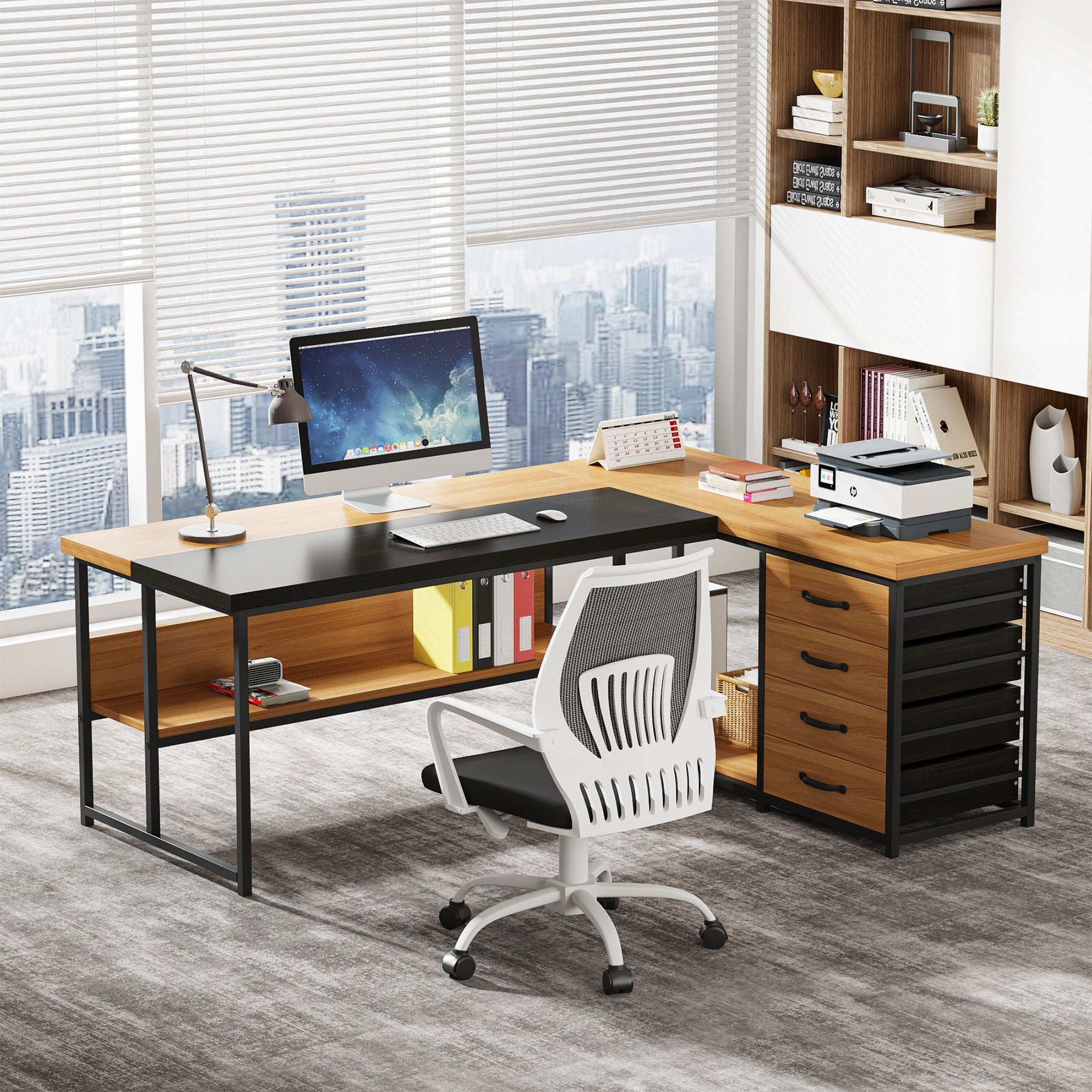 L-Shaped Desk with 4 Drawers, 62.2