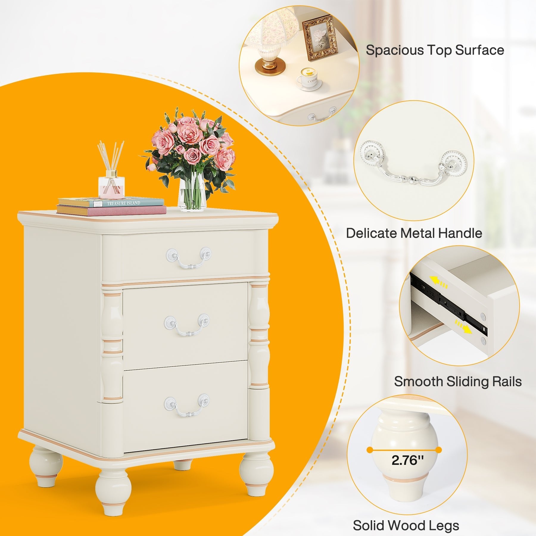 3 Drawers Nightstand, Modern  Bedside End Table with Solid Wood Legs