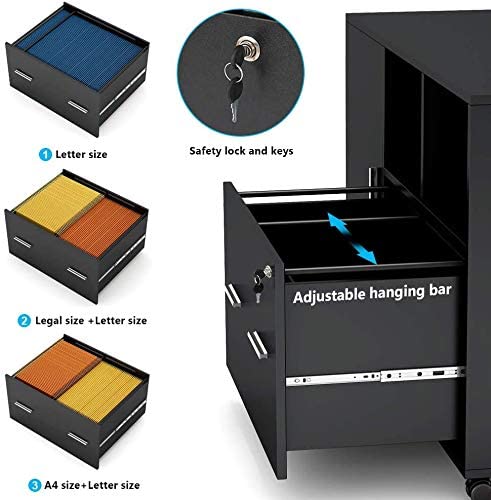 Mobile File Cabinet, Modern Filing Cabinet with Lock and Drawer