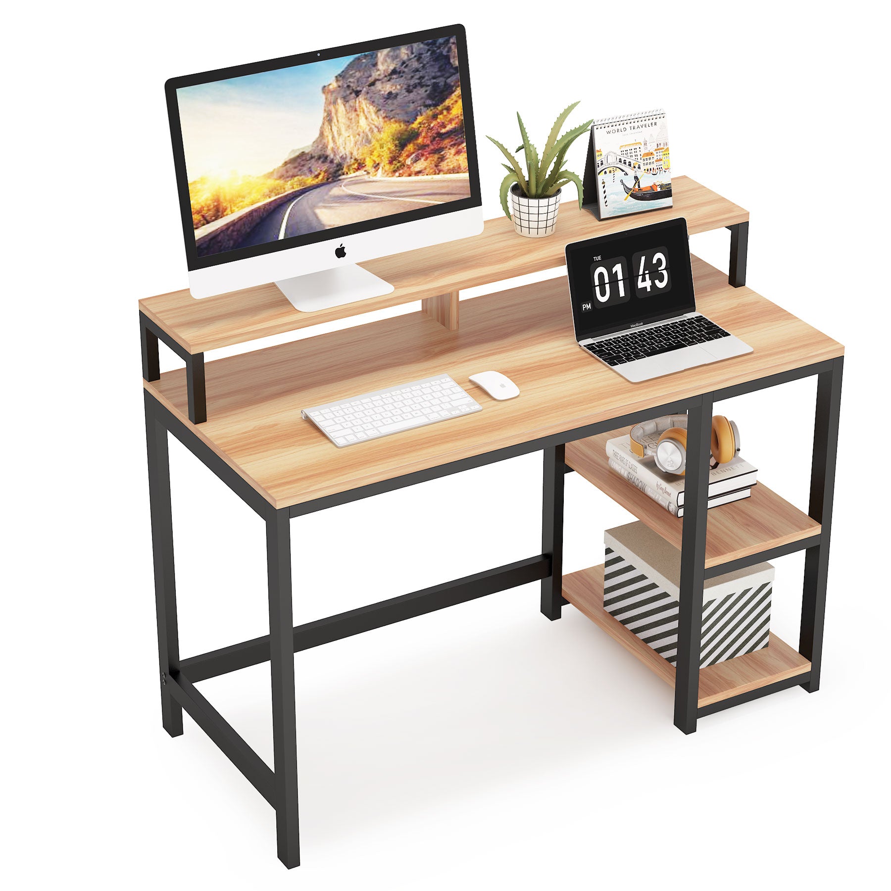 Industrial Computer Desk, Writing Desk with Shelves for Study