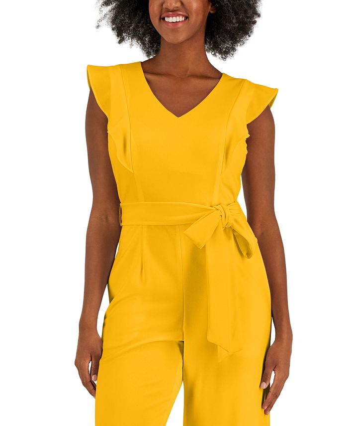 Scuba Crepe V-Neck Flutter-Sleeve Belted Jumpsuit