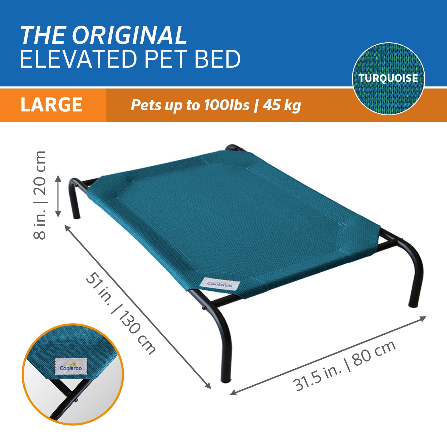 The Original Coolaroo Elevated Pet Dog Bed for Indoors and Outdoors， Large， Turquoise