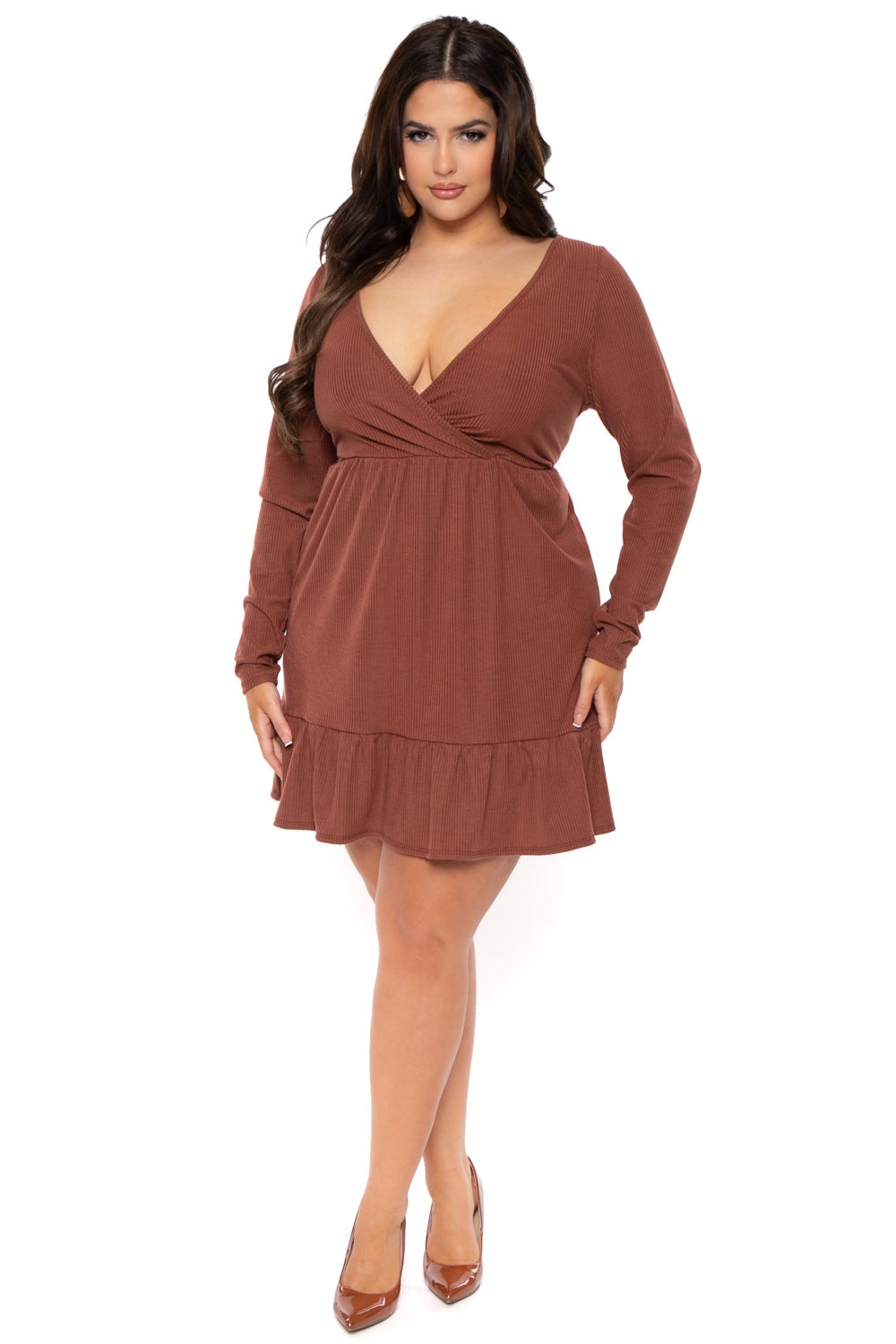 Plus Size Zuri Ribbed Flare Dress- Brown