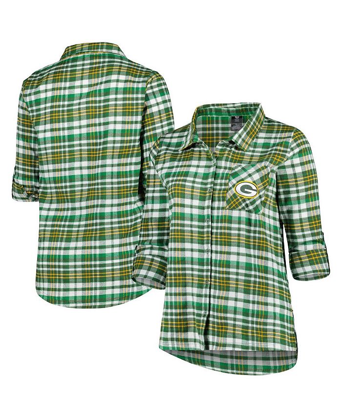 Women's Green Green Bay Packers Plus Size Mainstay Flannel Full-Button Long Sleeve Nightshirt