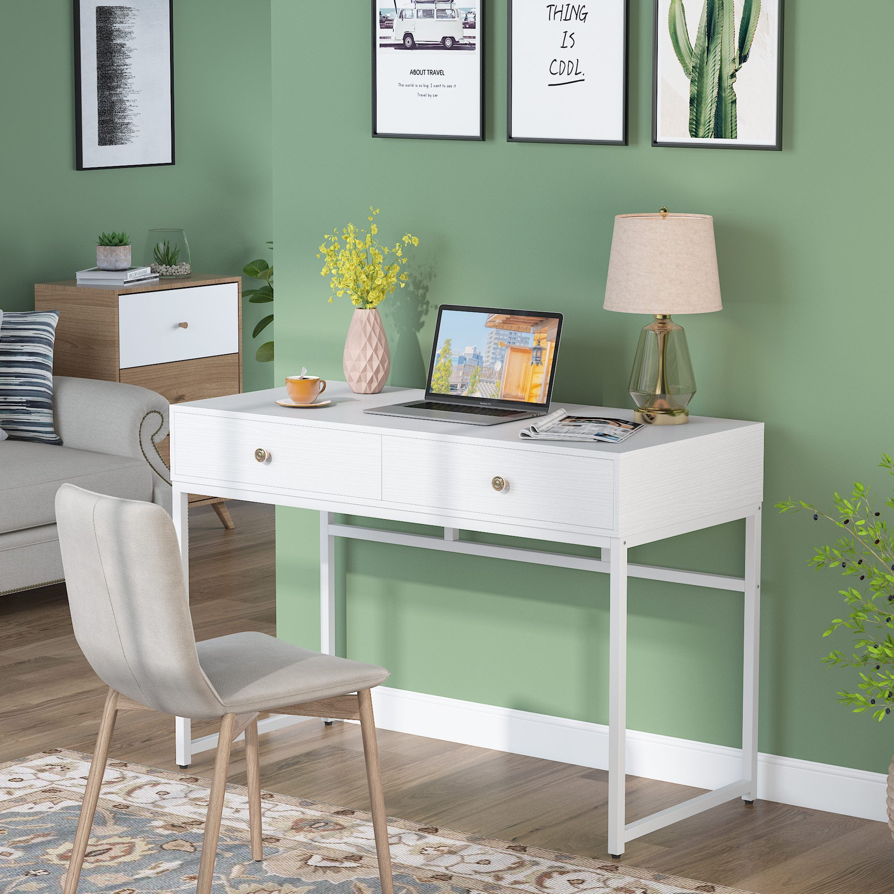 Modern Computer Desk with 2 Drawers, 47“ Simple Study Writing Desk