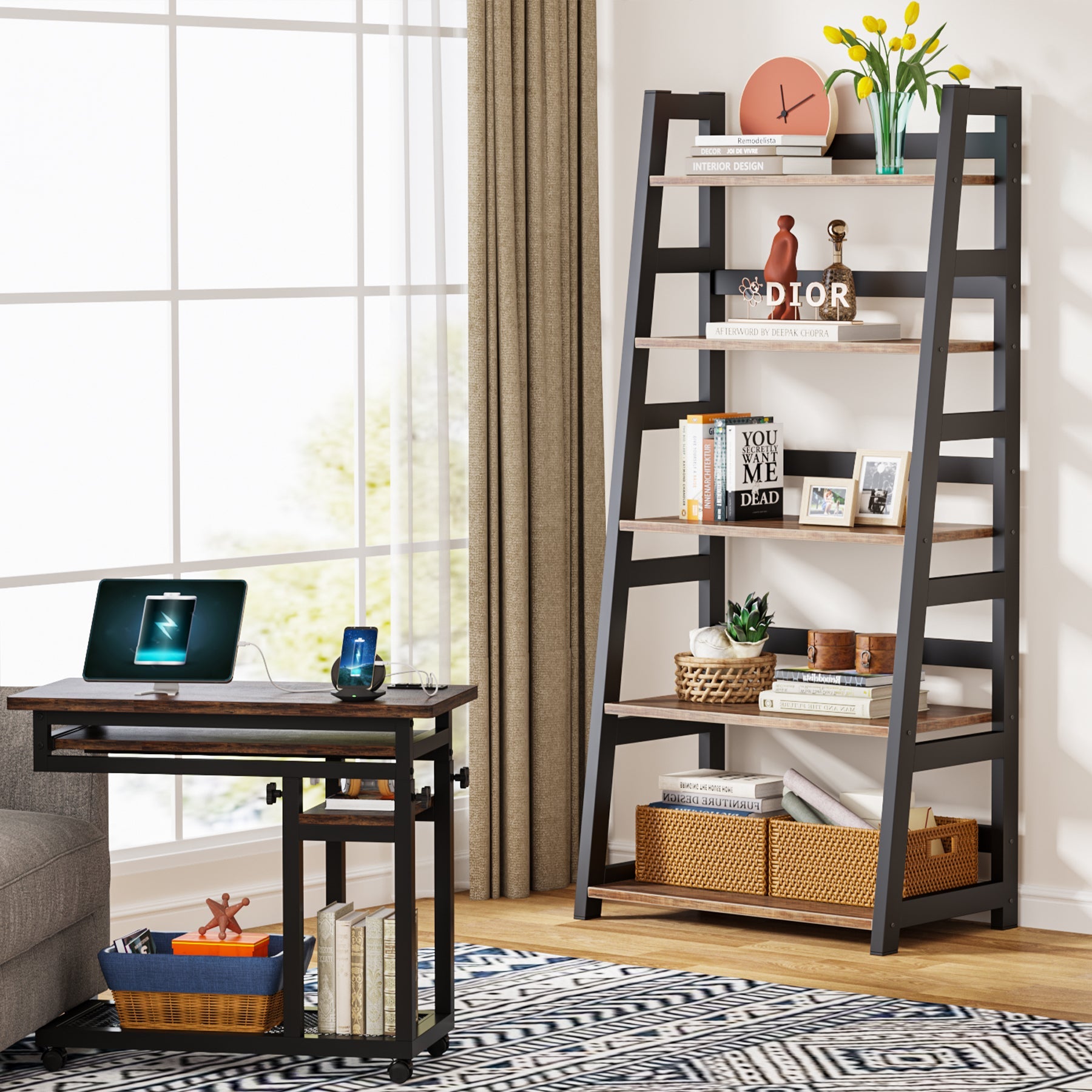 5-Tier Bookshelf, Ladder Bookcase Etagere Storage Shelf