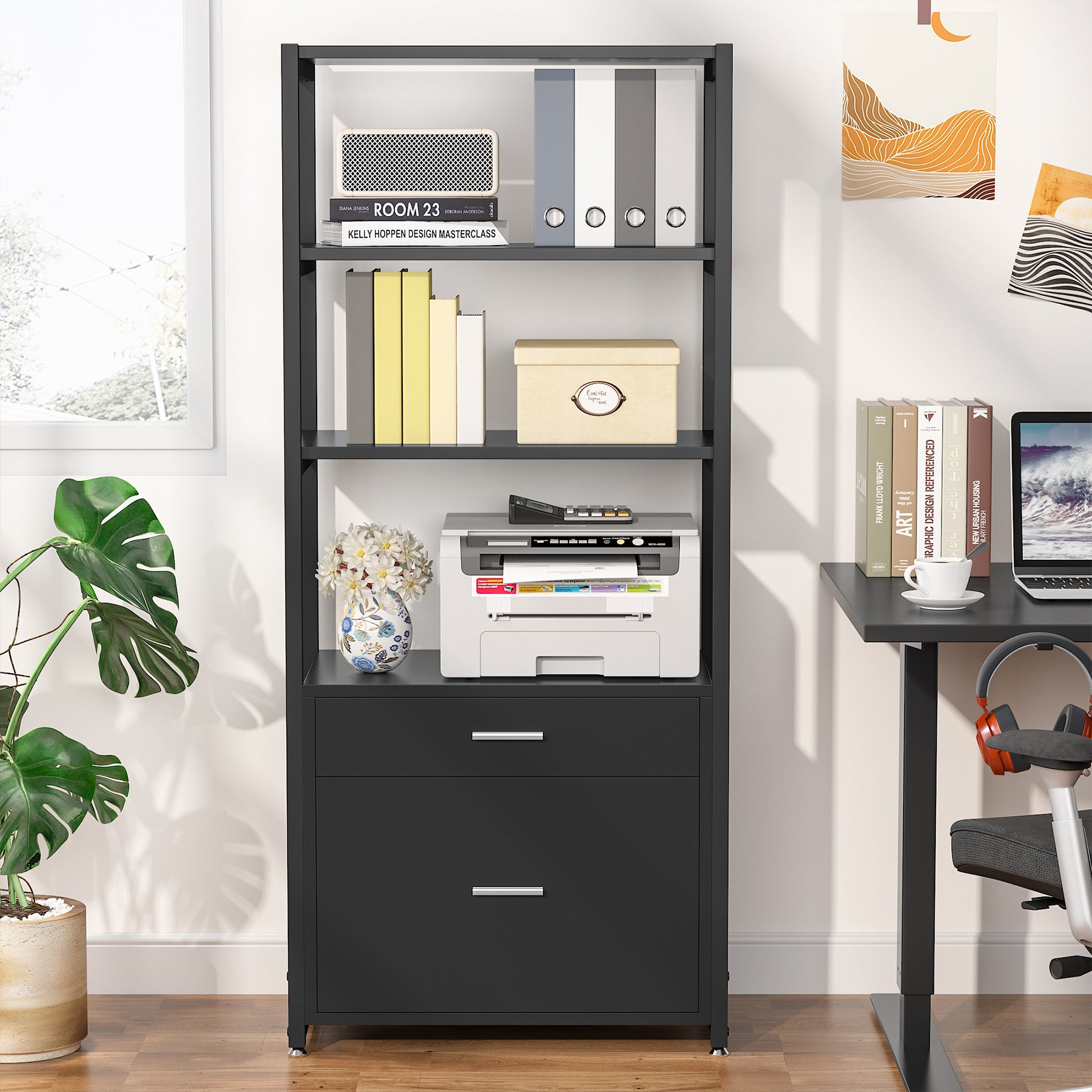 4-Tier File Cabinet, Modern Bookshelf with 2 Drawers