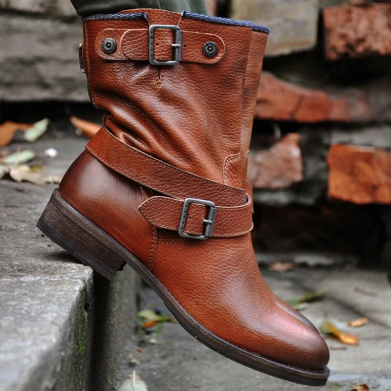 Vintage Pointed Leather Boots With Belt Buckle