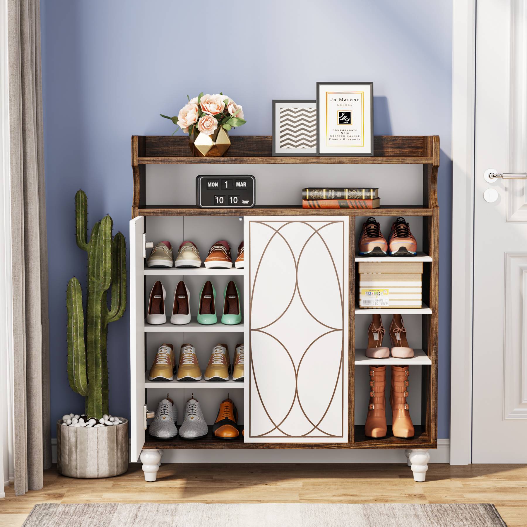 Wooden Shoe Cabinet, Shoe Organizer with Doors & Adjustable Shelves