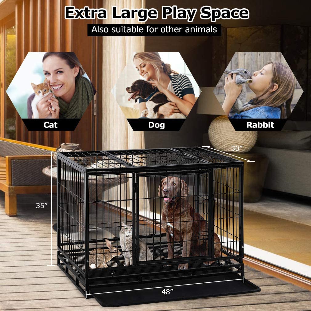 YRLLENSDAN 36/42/48 inch Heavy Duty XL Large Dog Crate for Large Dogs， Dog Crates and Kennels with Wheels Plastic Tray Double-Door Outdoor Metal Wire Pet Dog Cage for Medium Small Dogs