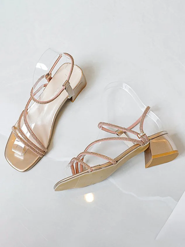 Rhinestone Thin Strap Chunky Heel Sandals