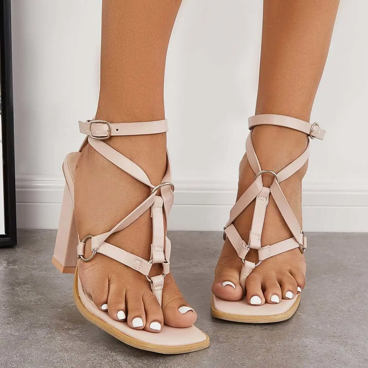 Square Toe Ankle T-Straps Sandals Chunky Block High Heels