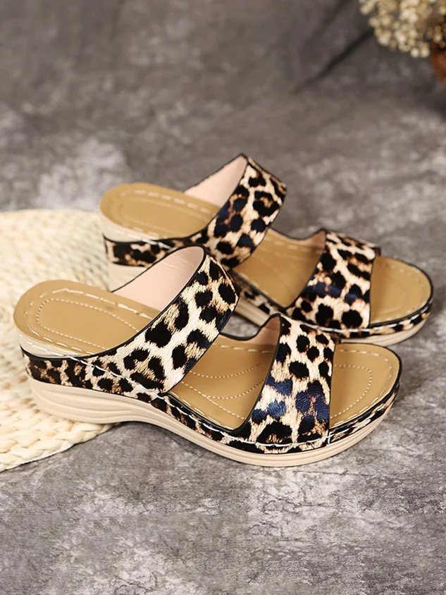 Leopard Print Strap Wedge Sandals Slippers