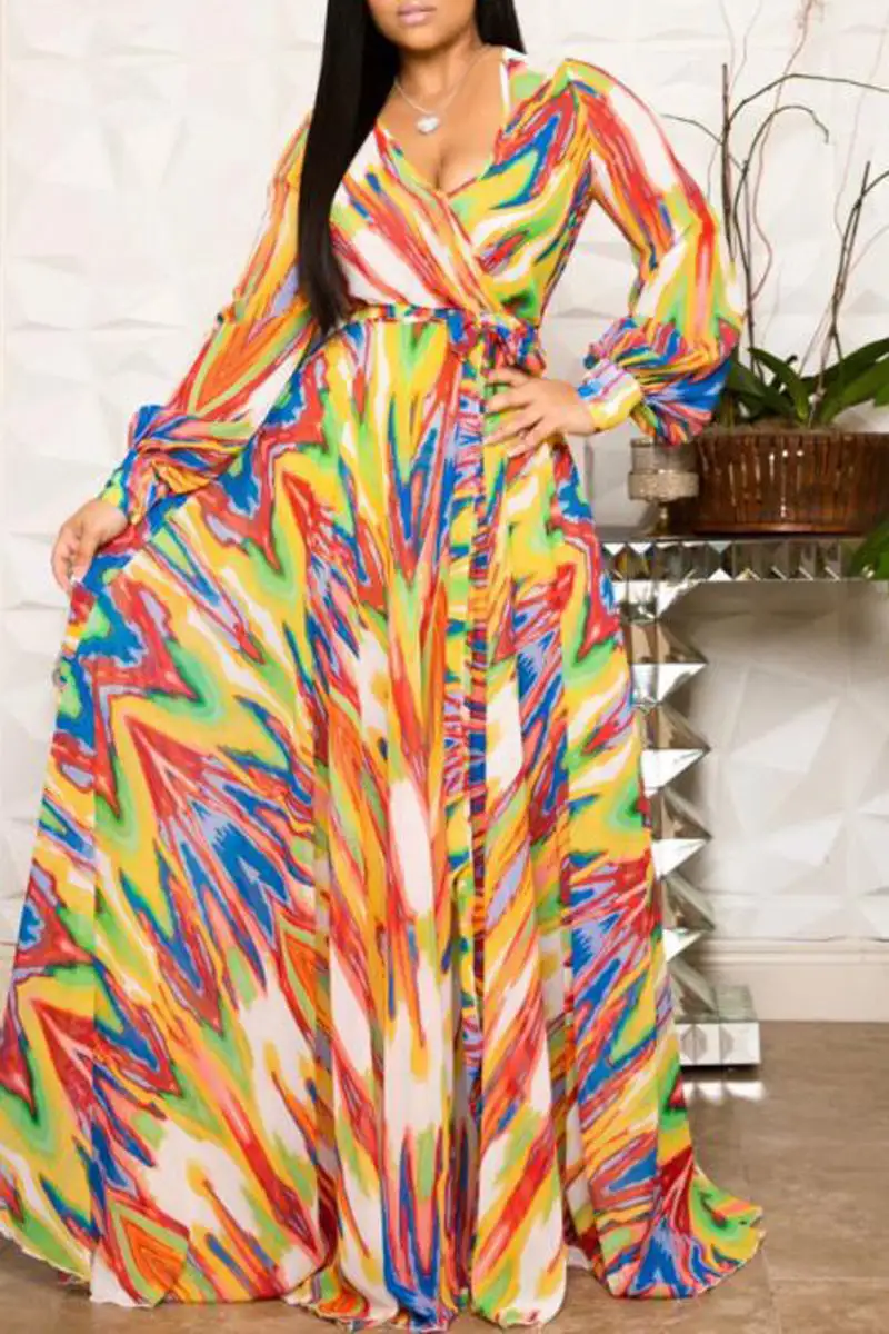 Plus Size Casual Chiffon Long Sleeve Printed Maxi Dresses