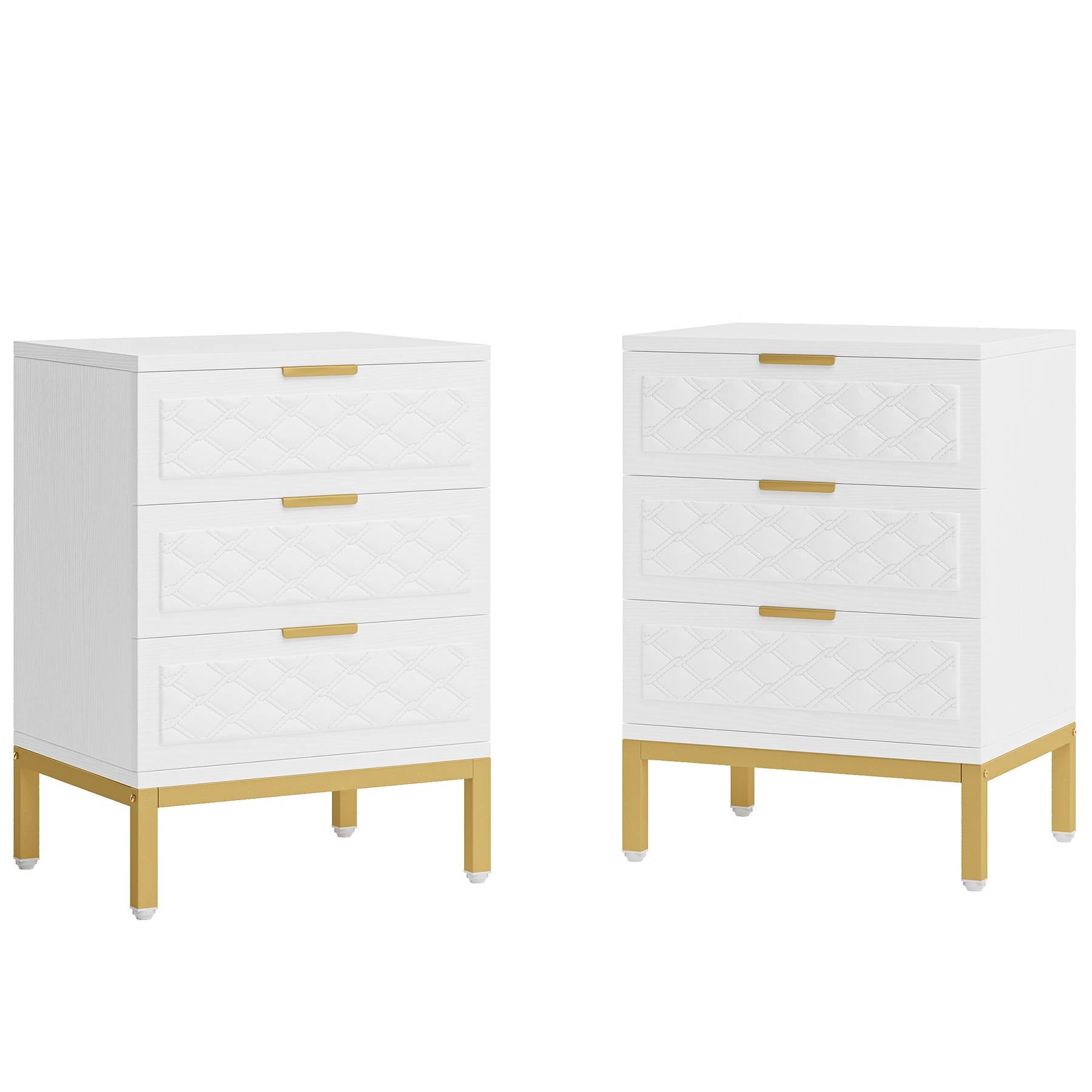 3-Drawer Nightstand, Modern Beside Table End Table with Golden Legs