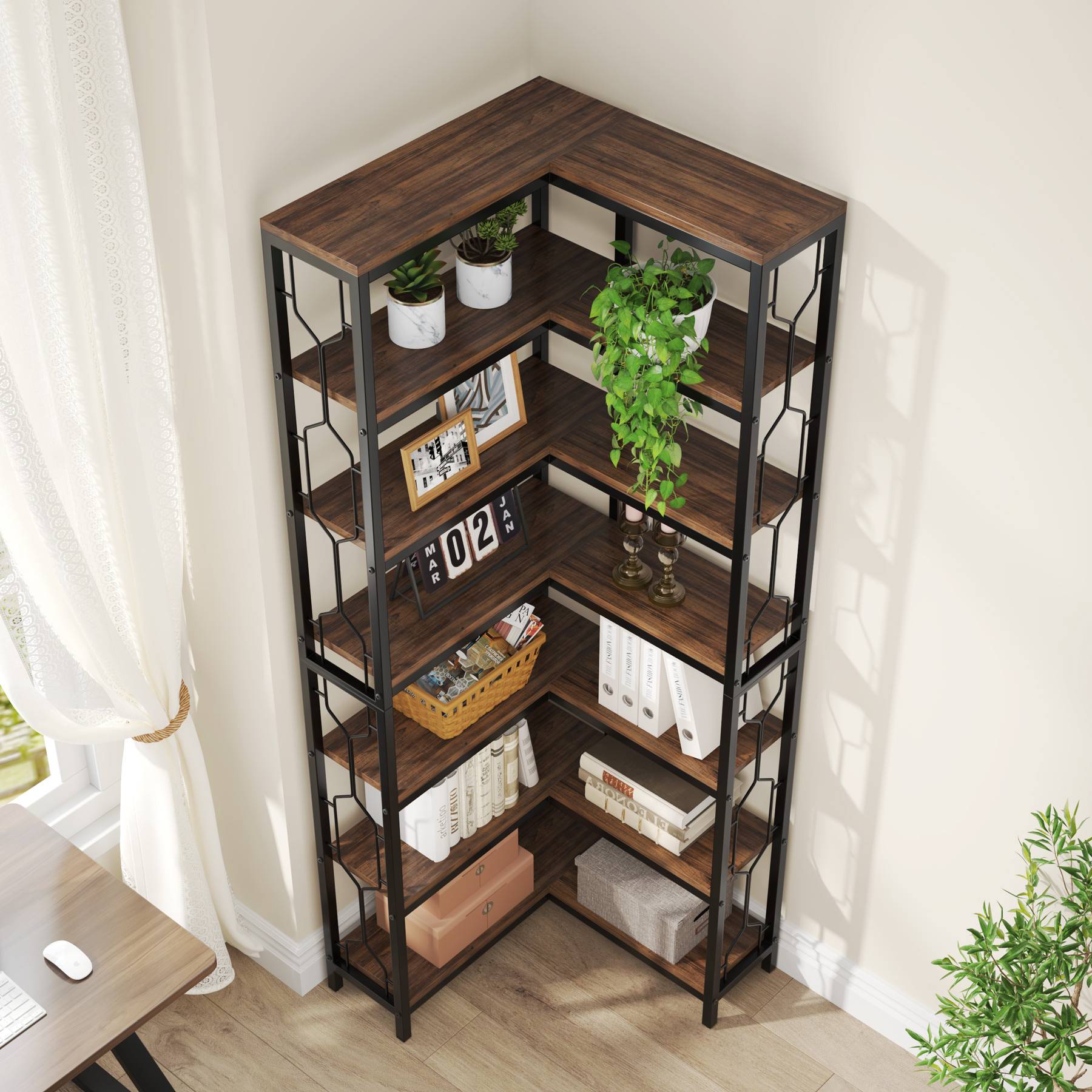 7-Tier Corner Bookshelf, Industrial Corner Etagere Bookcase