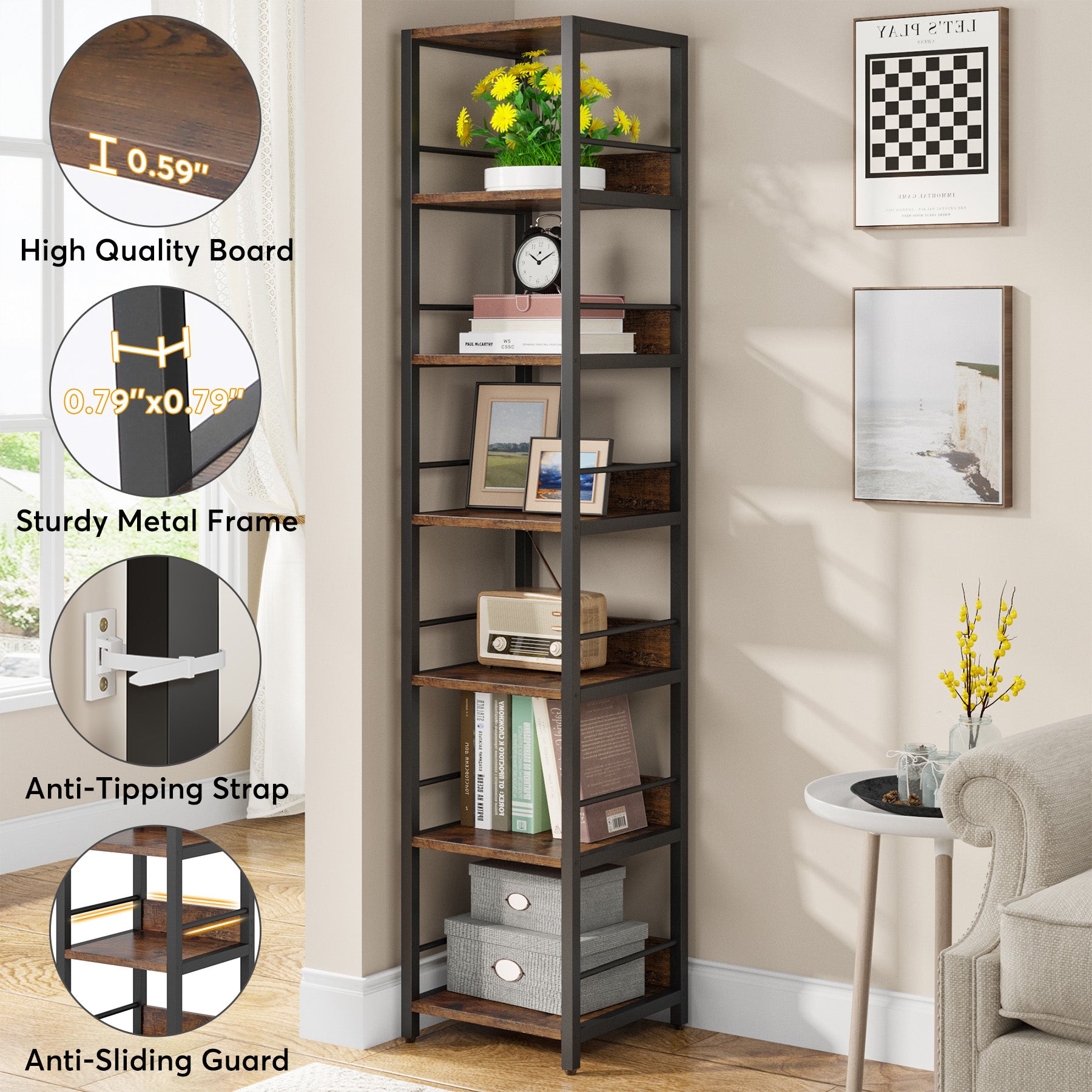 6-Tier Corner Shelf, Narrow Etagere  Bookshelf Storage Rack