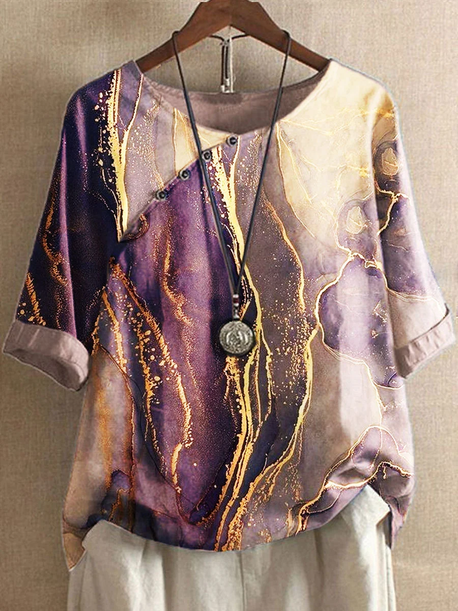 Round Neck Casual Loose Marble Print Short Sleeve Blouse