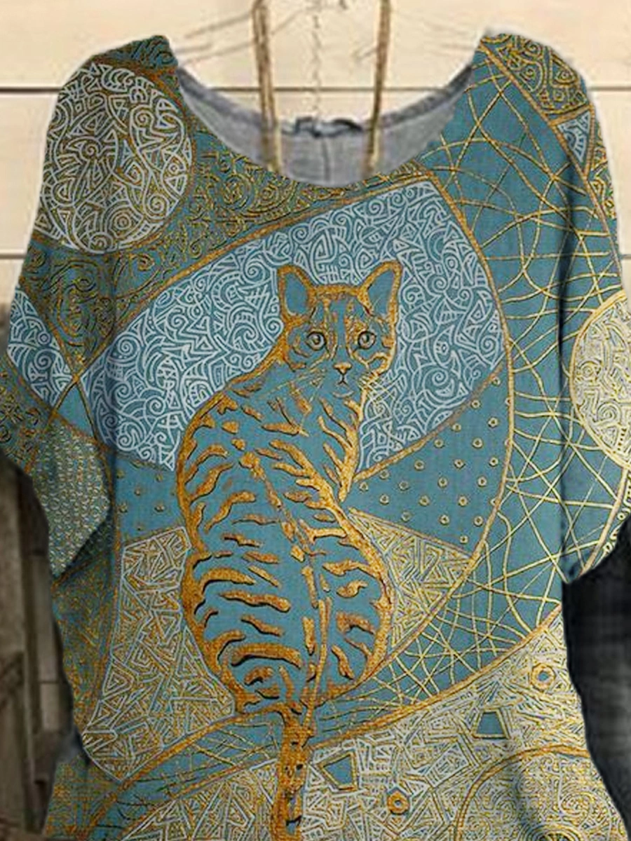 Womens Short-sleeved Round Neck Cat Printing Blouse