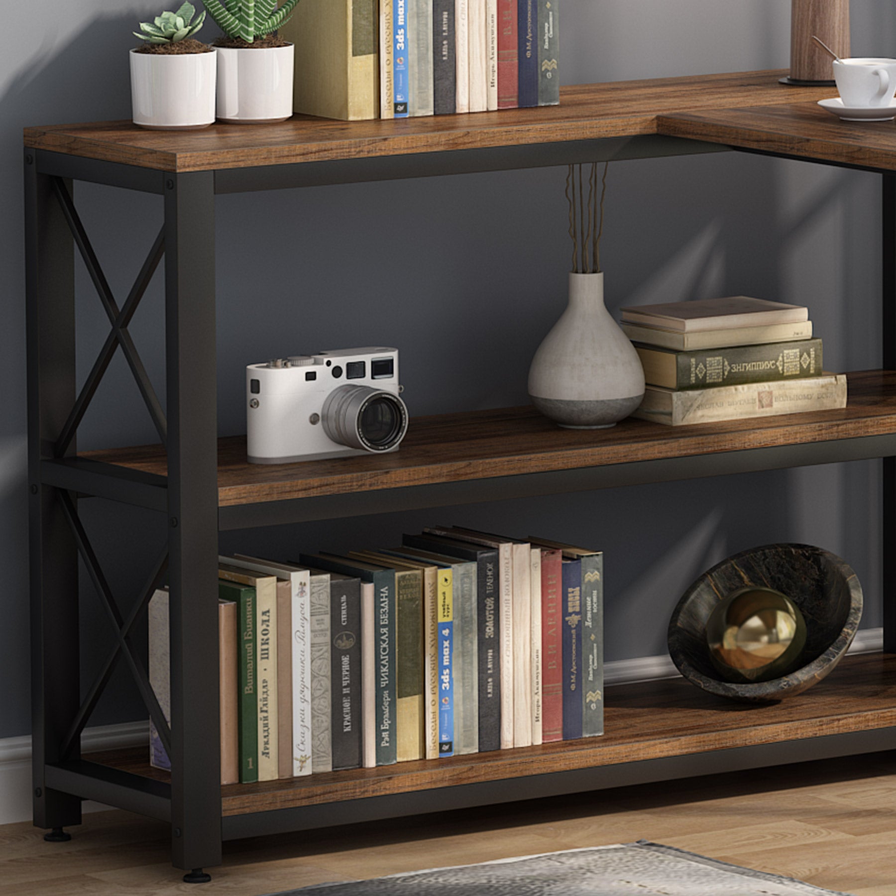 Reversible L-Shaped Desk, Corner Computer Desk with Shelves