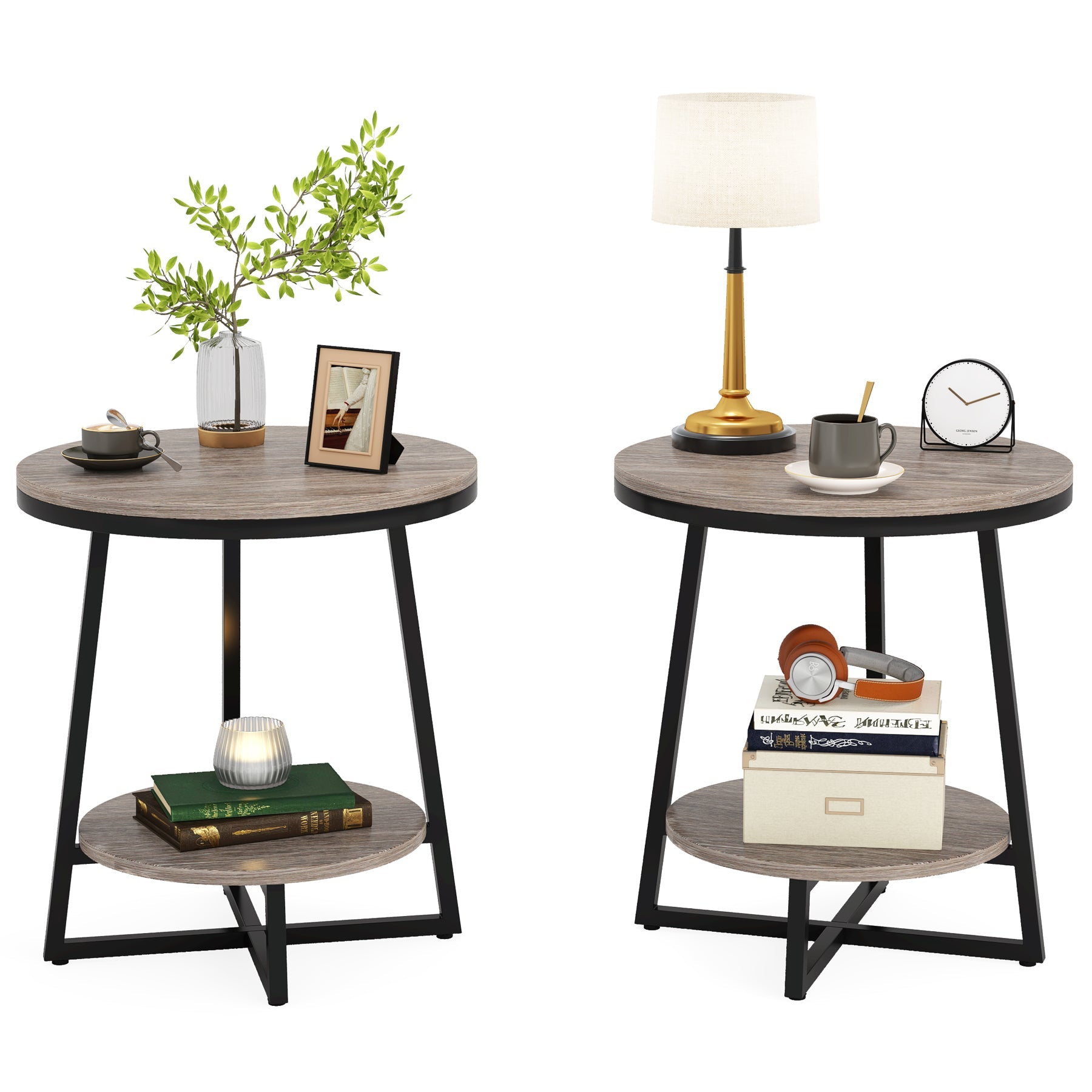 2-Tier End Table, Round Accent Bedside Table with Storage Shelf