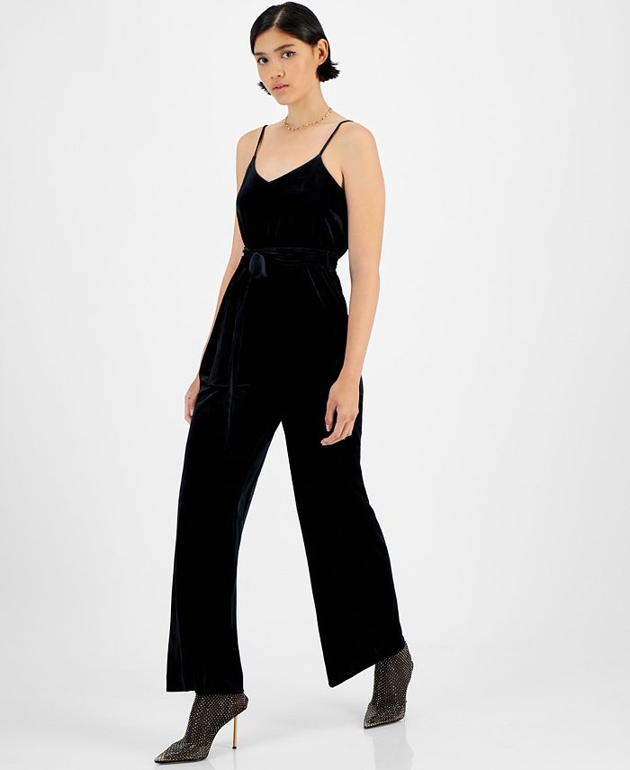 Women's Velvet V-Neck Scoop-Back Belted Jumpsuit， Created for Macy's