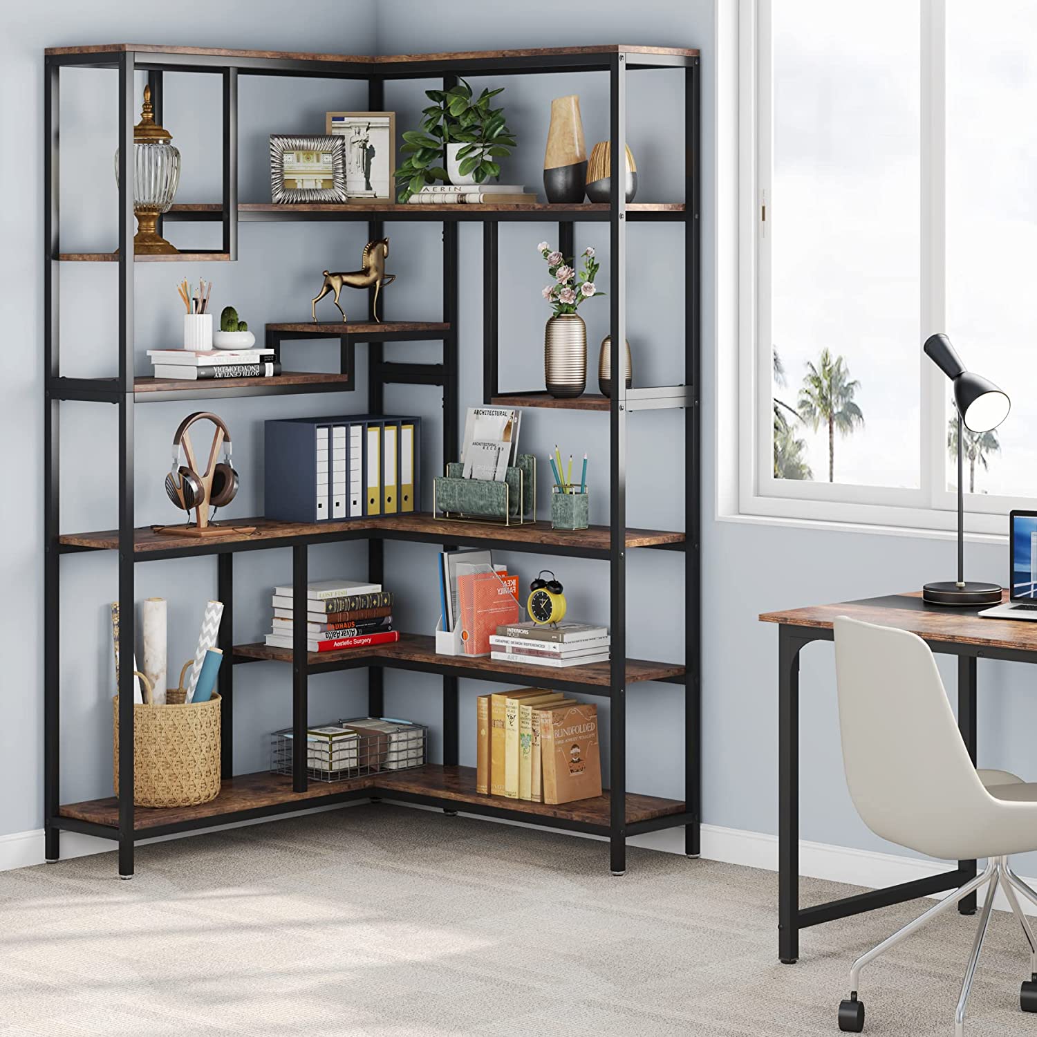 6-Tier Corner Bookshelf Industrial Etagere Corner Bookcase