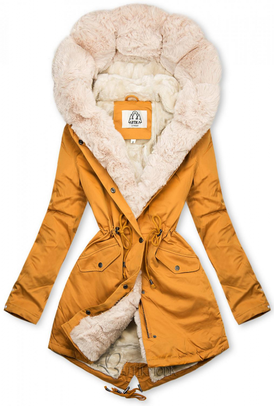 Yellow parka with fur trim