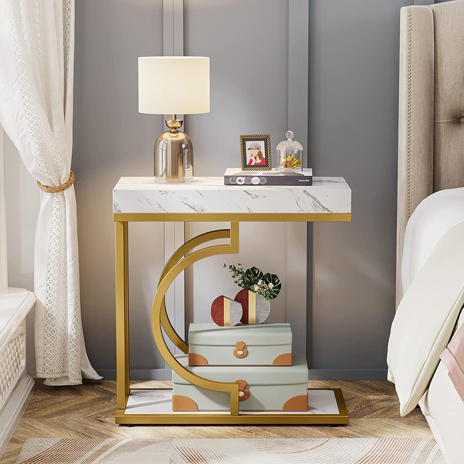 Narrow C Table, Modern End Table Bedside Table with Metal Frame