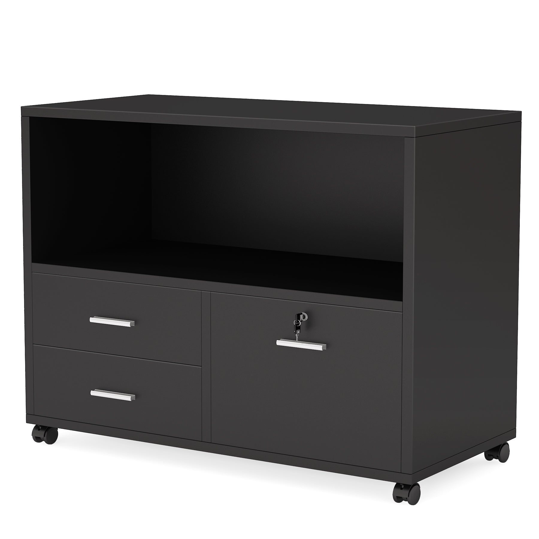 3-Drawer File Cabinet, Mobile Lateral Filing Cabinet with Lock & Open Shelves