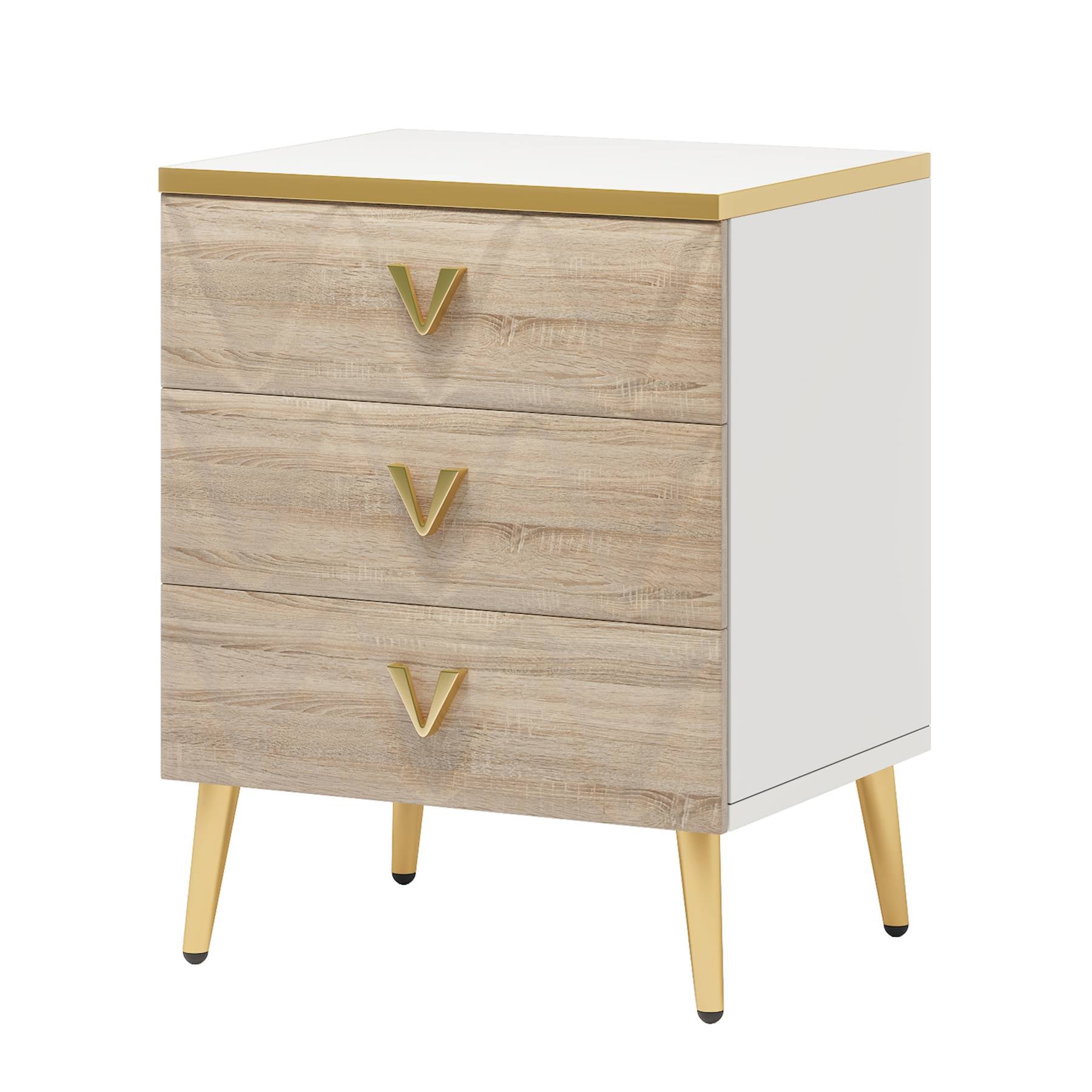 Modern Nightstand, Wooden Bedside Table with 3 Drawers