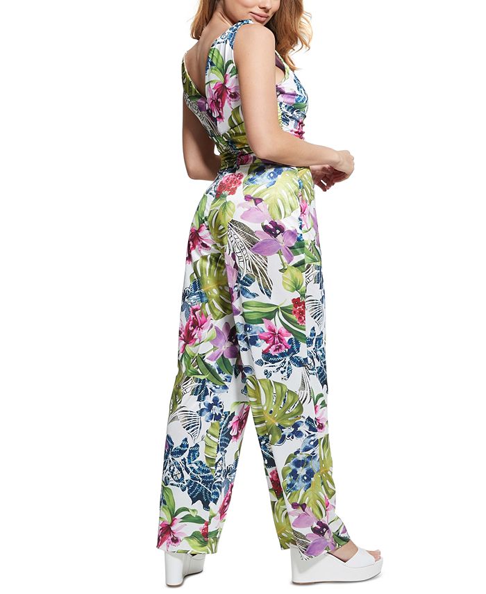 Women's Popliar Sleeveless V-neck Tropical-Print Jumpsuit