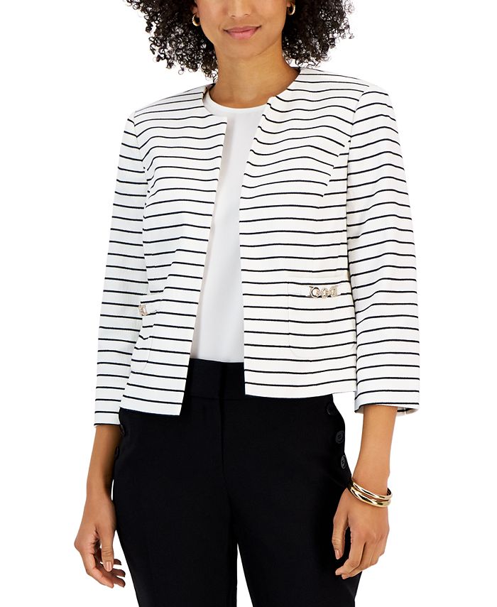 Women's Collarless Striped Open-Front Jacket