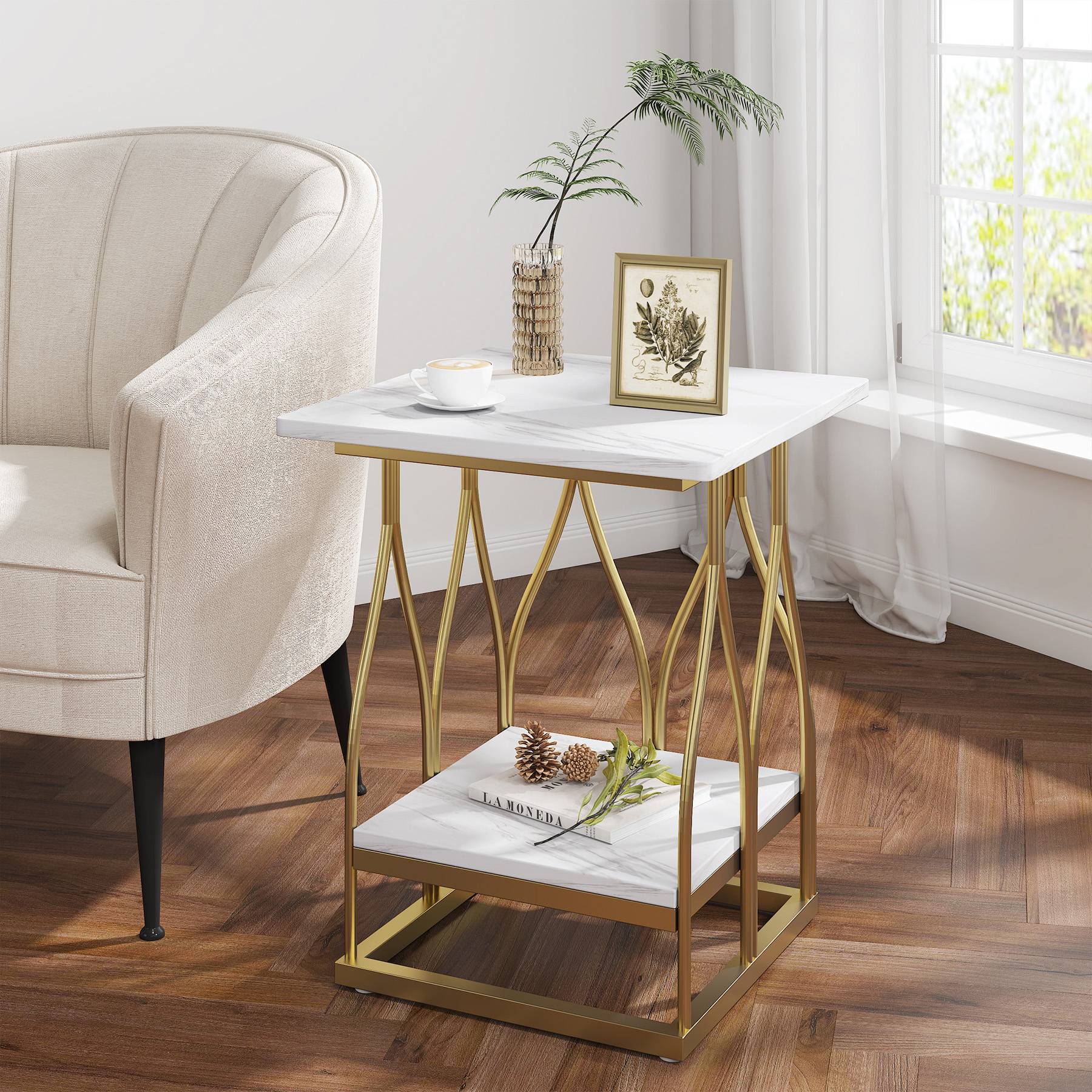 2-Tier End Table, Square Side Table Faux Marble Accent Table